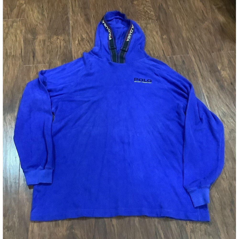 Vintage Ralph Lauren Hoodie Men Xl Blue Fleece Sweatshirt Polo Jeans Rare